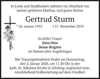 Todesanzeige von Gertrud Sturm von merkurtz