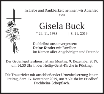 Todesanzeige von Gisela Buck von merkurtz