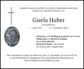 Todesanzeige von Gisela Huber von merkurtz