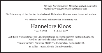 Todesanzeige von Hannelore Kloos von merkurtz