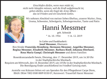 Todesanzeige von Hanni Messmer von merkurtz