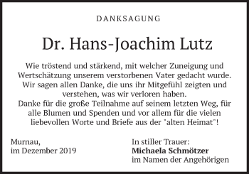 Todesanzeige von Hans-Joachim Lutz von merkurtz