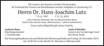 Todesanzeige von Hans-Joachim Lutz von merkurtz