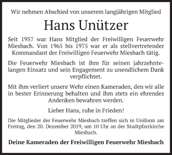 Todesanzeige von Hans Unützer von merkurtz