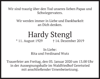 Todesanzeige von Hardy Stengl von merkurtz
