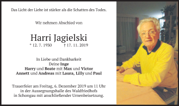 Todesanzeige von Harri Jagielski von merkurtz