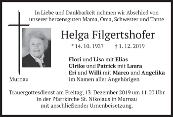 Todesanzeige von Helga Filgertshofer von merkurtz
