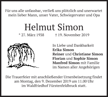 Todesanzeige von Helmut Simon von merkurtz