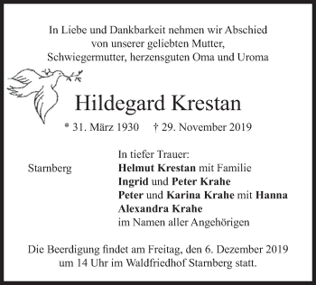 Todesanzeige von Hildegard Krestan von merkurtz