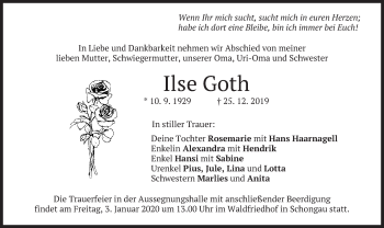 Todesanzeige von Ilse Goth von merkurtz