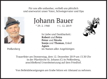 Todesanzeige von Johann Bauer von merkurtz