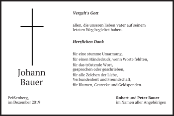 Todesanzeige von Johann Bauer von merkurtz