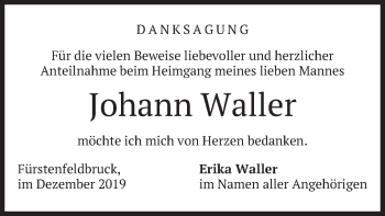 Todesanzeige von Johann Waller von merkurtz
