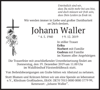 Todesanzeige von Johann Waller von merkurtz