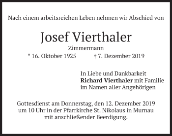 Todesanzeige von Josef Vierthaler von merkurtz