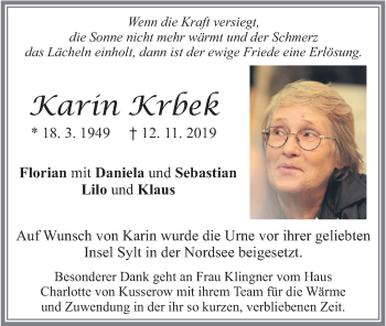 Todesanzeige von Karin Krbek von merkurtz