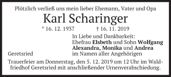 Todesanzeige von Karl Scharinger von merkurtz