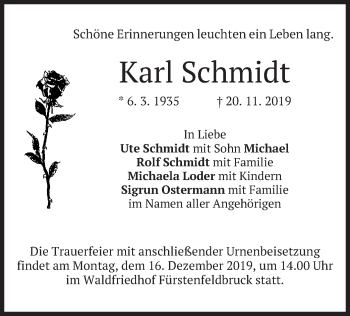 Todesanzeige von Karl Schmidt von merkurtz