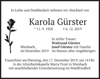 Todesanzeige von Karola Gürster von merkurtz
