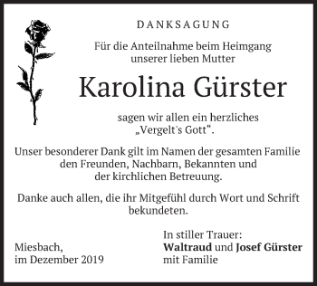 Todesanzeige von Karolina Gürster von merkurtz