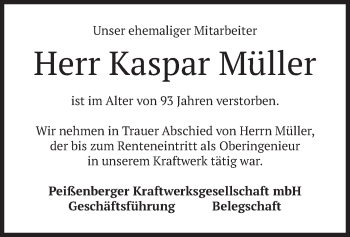 Todesanzeige von Kaspar Müller von merkurtz