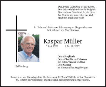 Todesanzeige von Kaspar Müller von merkurtz