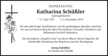 Todesanzeige von Katharina Schüßler von merkurtz