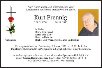 Todesanzeige von Kurt Prennig von merkurtz