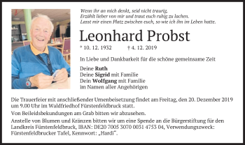 Todesanzeige von Leonhard Probst von merkurtz