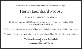 Todesanzeige von Leonhard Probst von merkurtz
