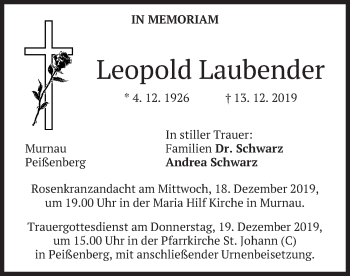 Todesanzeige von Leopold Laubender von merkurtz