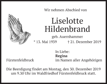 Todesanzeige von Liselotte Hildenbrand von merkurtz