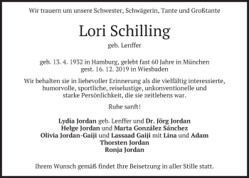 Todesanzeige von Lori Schilling von merkurtz
