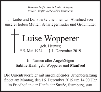 Todesanzeige von Luise Wopperer von merkurtz