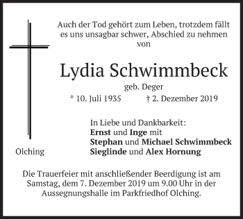 Todesanzeige von Lydia Schwimmbeck von merkurtz