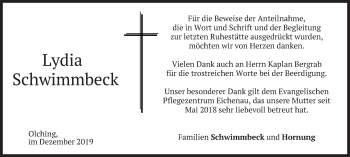 Todesanzeige von Lydia Schwimmbeck von merkurtz