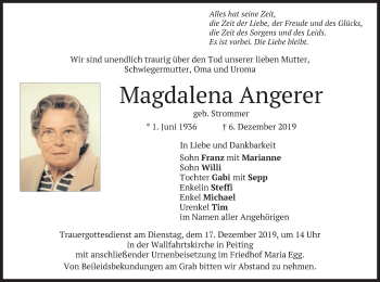 Todesanzeige von Magdalena Angerer von merkurtz