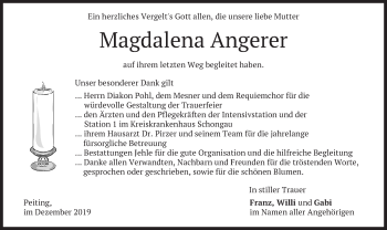 Todesanzeige von Magdalena Angerer von merkurtz