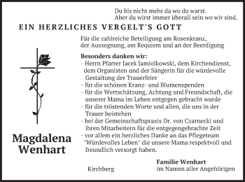Todesanzeige von Magdalena Wenhart von merkurtz