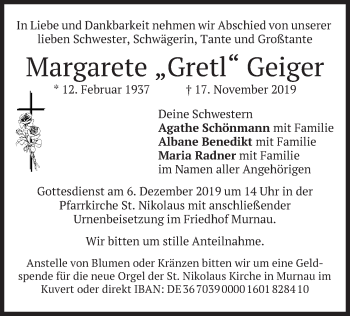 Todesanzeige von Margarete  Geiger von merkurtz