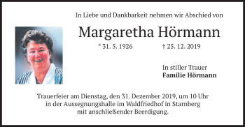 Todesanzeige von Margaretha Hörmann von merkurtz