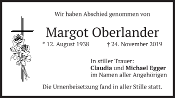 Todesanzeige von Margot Oberlander von merkurtz