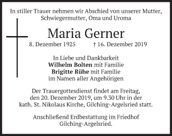 Todesanzeige von Maria Gerner von merkurtz