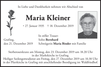 Todesanzeige von Maria Kleiner von merkurtz