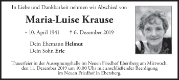 Todesanzeige von Maria-Luise Krause von merkurtz