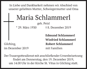 Todesanzeige von Maria Schlammerl von merkurtz