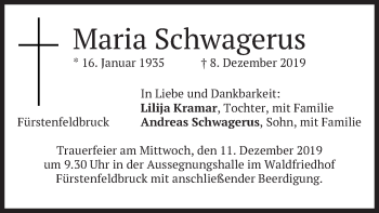 Todesanzeige von Maria Schwagerus von merkurtz