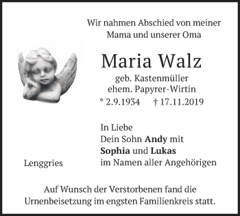 Todesanzeige von Maria Walz von merkurtz