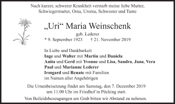 Todesanzeige von Maria Weinschenk von merkurtz