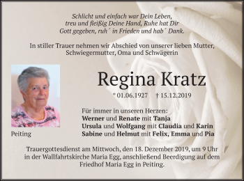Todesanzeige von Regina Kratz von merkurtz